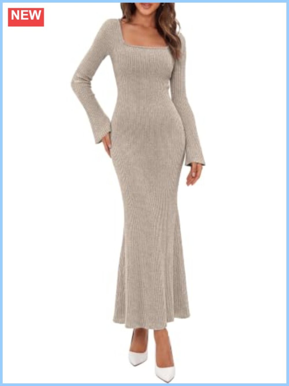 Ribbed Square Neck Bell Sleeve Bodycon Maxi Sweater Dress Long Sleeve